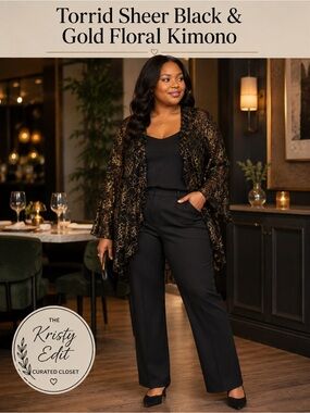 Torrid Sheer Black & Gold Floral Kimono. NWOT.